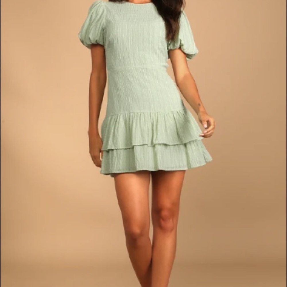 Sage green lace-up puff sleeve mini dress, size small